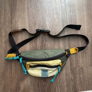 Topo Designs Mountain Olive, Cream & Yellow Waist Pack with Turquoise Pulls